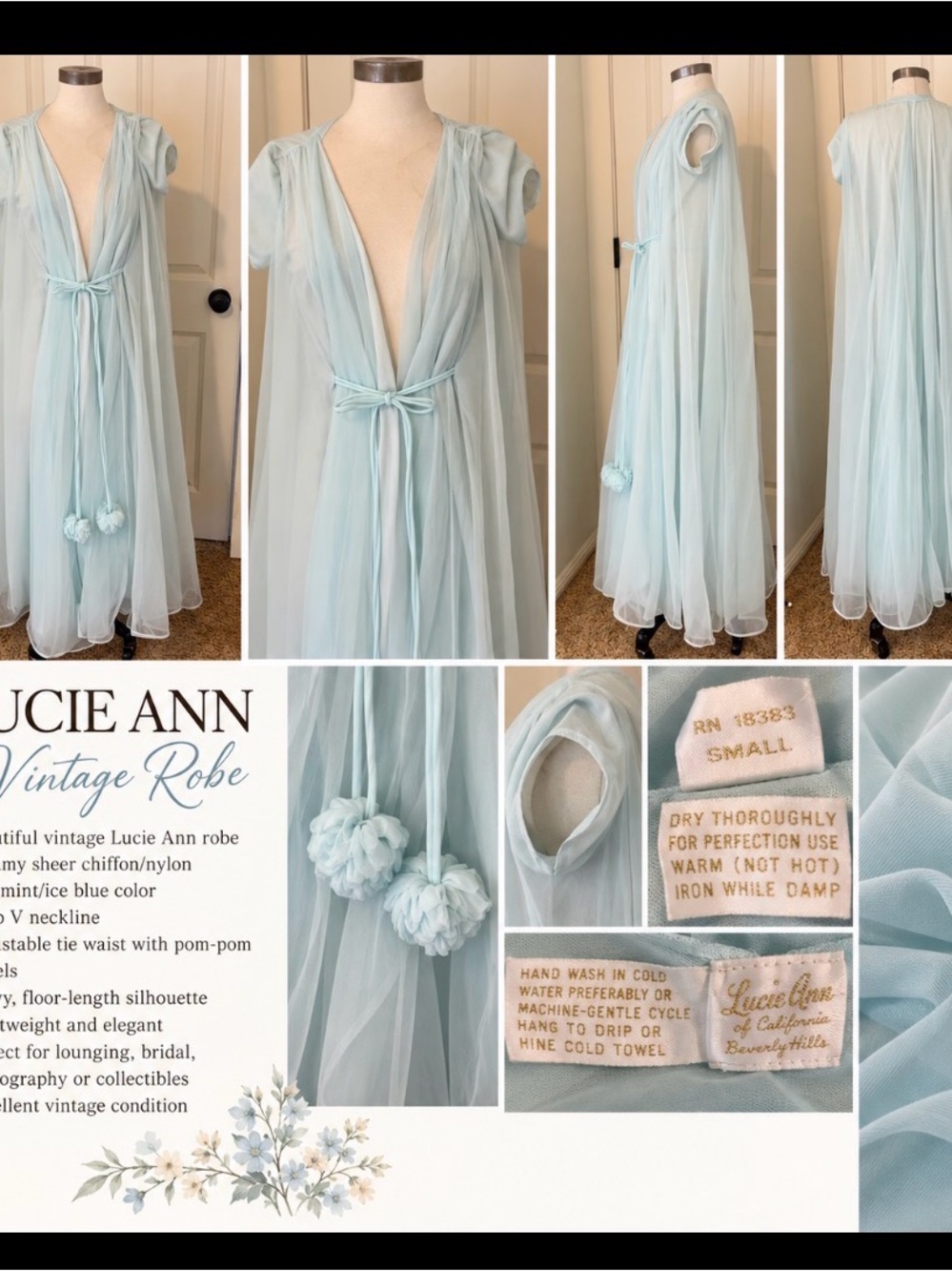 Baby  Blue Vintage Lucie Ann  Sheer Chiffon Robe with Pom-Pom Tie - Small
